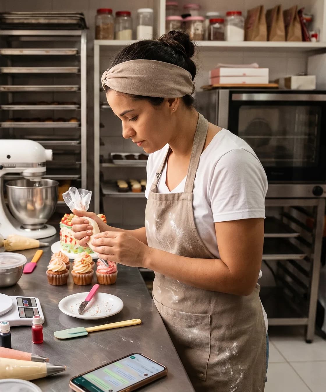 Confeiteira decorando um bolo na bancada da própria cozinha, com o celular ao lado