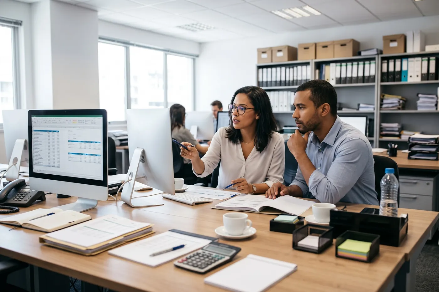 Duas pessoas de um escritório de contabilidade conferindo números na tela do computador